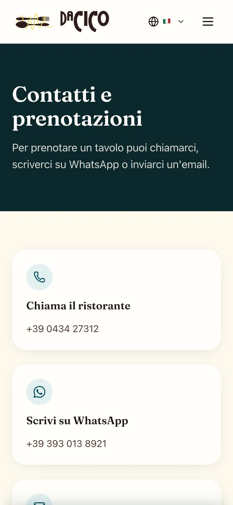 Contacts and booking page on a phone