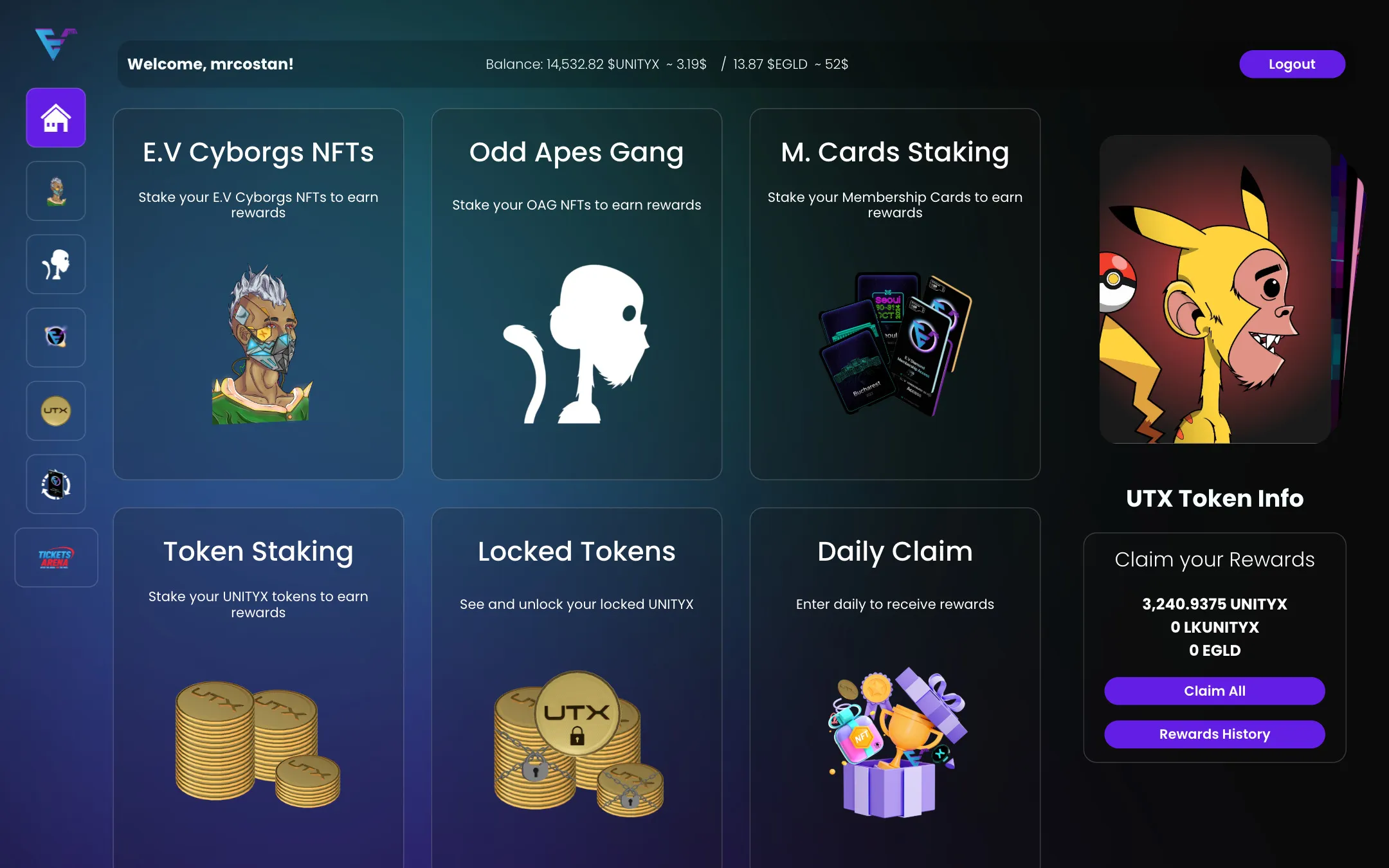 Dashboard di E.V Ecosystem dApp su desktop