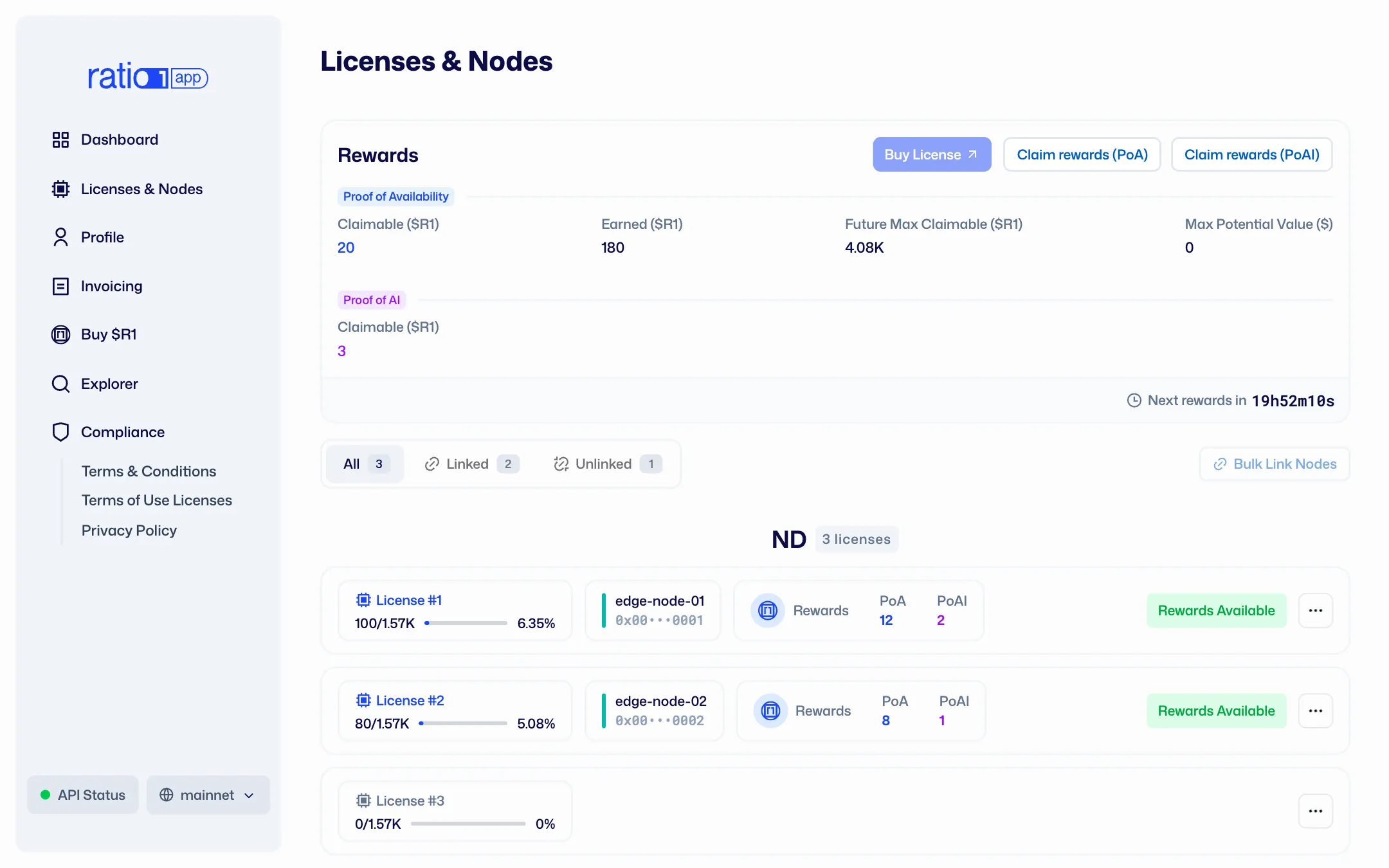 Gestione di licenze e nodi di Ratio1 su desktop