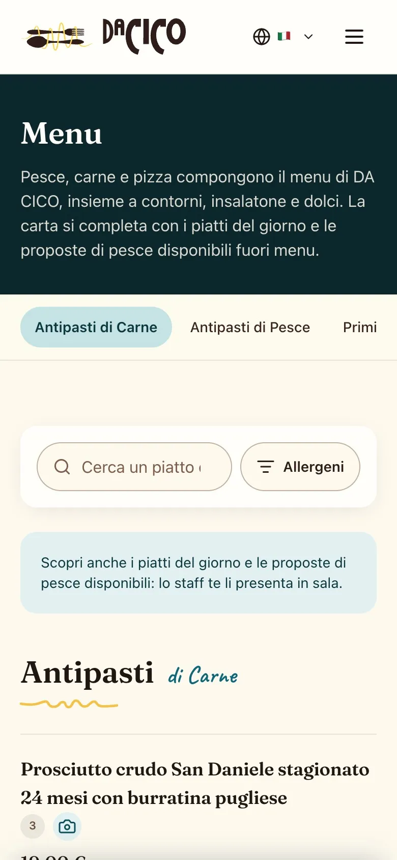 Menu page on a phone