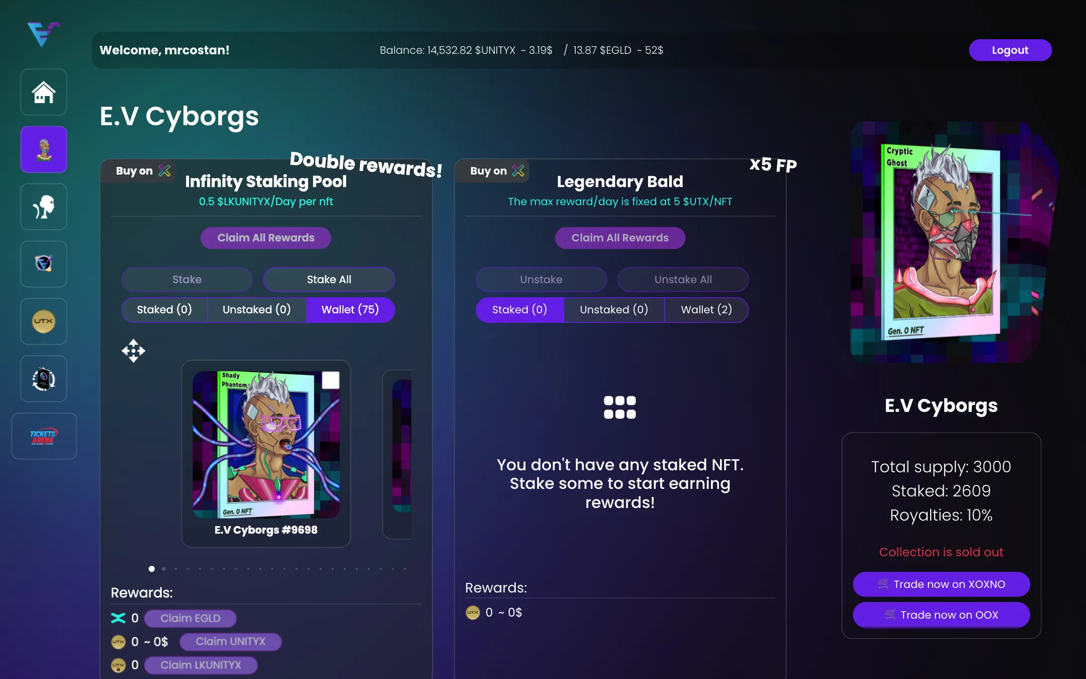 Interfaccia di staking degli NFT E.V Cyborgs su desktop