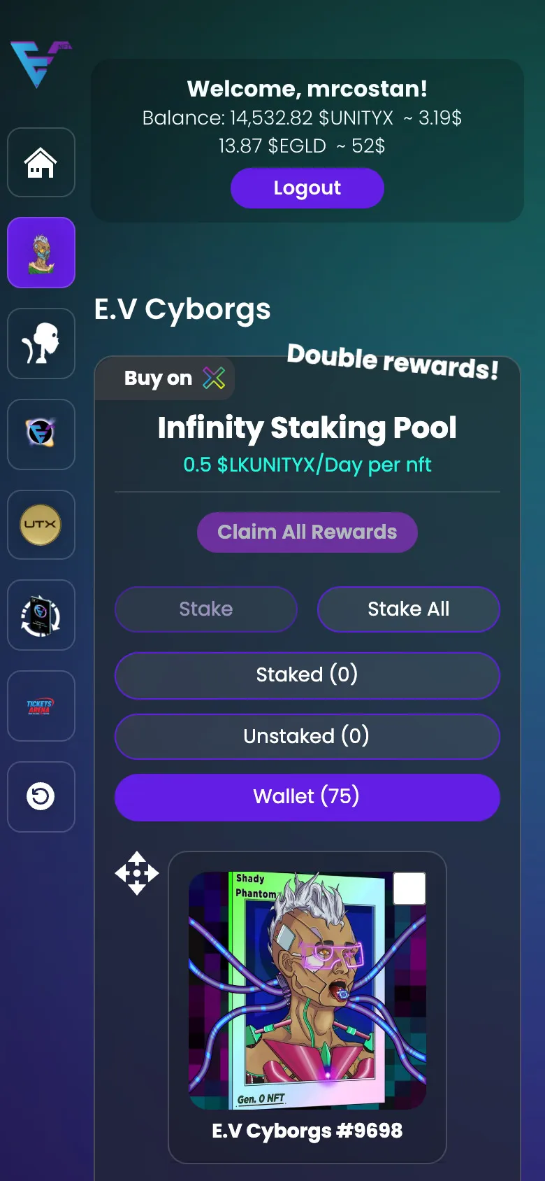 Interfaccia di staking degli NFT E.V Cyborgs su telefono