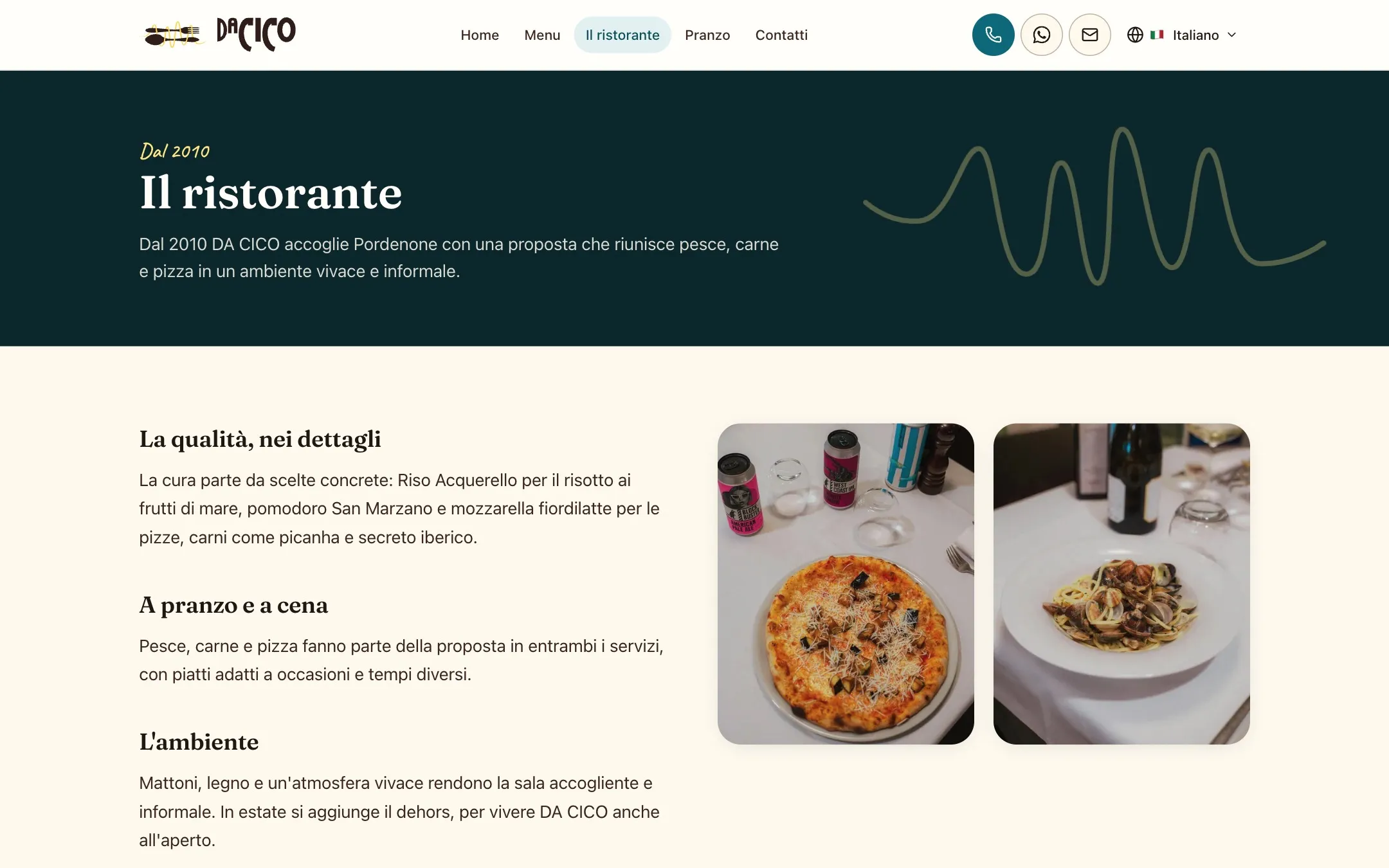 The page about the restaurant on a desktop screen